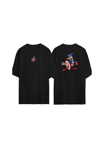 Thewert Unisex Donald Duck Kaptan Amerika Ön Arka Baskılı Sıyah Oversize T-shirt Siyah