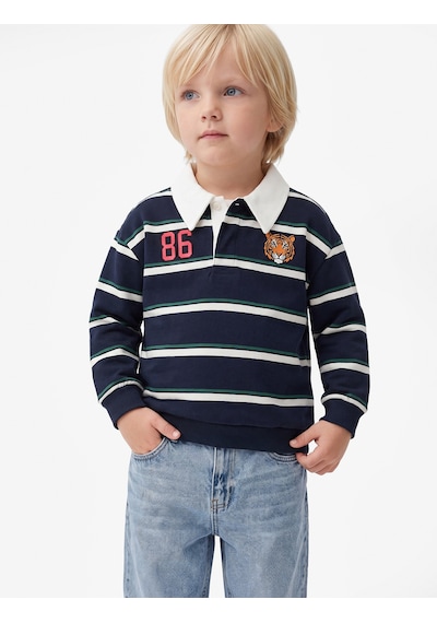 Koton Kaplan Baskılı Uzun Kollu Çizgili Polo Yaka Sweatshirt Lacivert Çizgili 7wmb10057tk