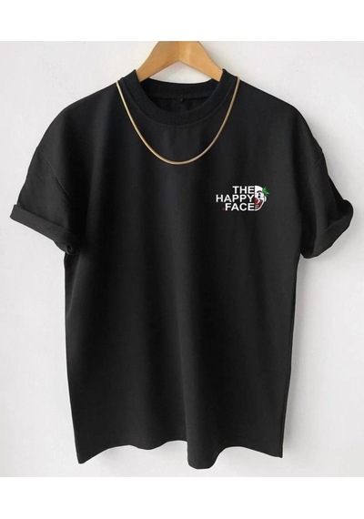 Hırsch Unisex Oversize Siyah Bisiklet Yaka The Happy Face Baskılı T-shirt SIYAH