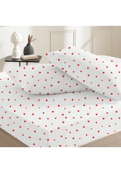 %100 Pamuklu Çift Kişilik Lastikli Çarşaf 180x200+25 50x70 Yastık Kılıfı 2 Adet Beyaz - Kırmızı