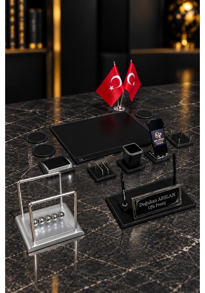 13 Parça Masa İsimlik Seti Kişiye Özel Çift Kalemli Newton Denge Toplu Ofis Sümen Takımı Siyah