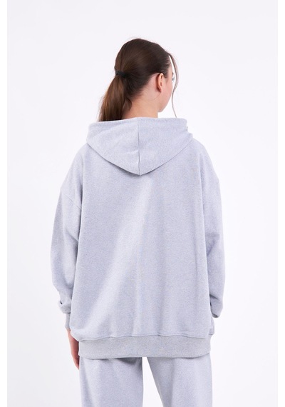 Comeor Gri Kanguru Cepli Kapüşonlu Fermuarlı Oversize Kadın Sweatshirt Cmrb73-gri Gri
