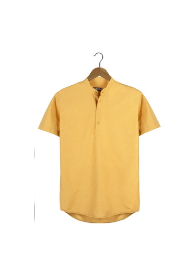 Erkek Hardal Hakim Yaka Yarım Patlı Ekoseli Kısa Kollu Slim Fit Gömlek Hardal