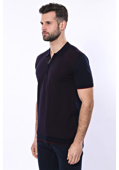 Yake Store Polo Yaka Koyu Lacivert Desenli Fermuarlı Örme T-shirt - Wessi - Lacivert siyah