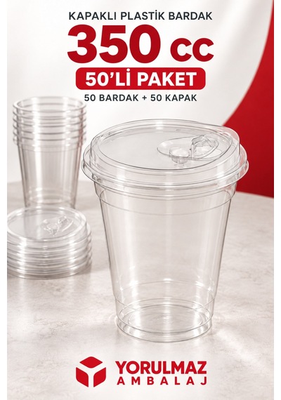 350 Cc Kilitli Kapaklı Pet Bardak 50'li Soğuk İçecek Bardağı 40