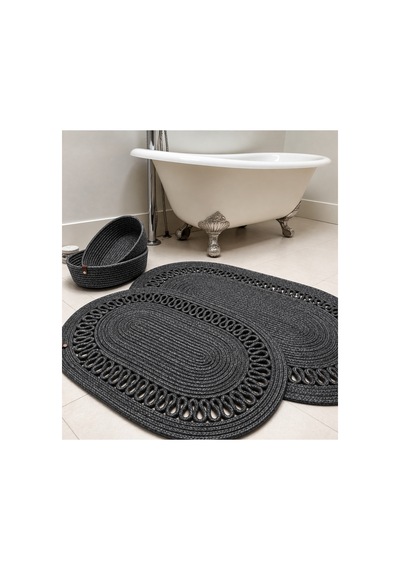 Oval Örgü Banyo Paspası Hasır Görünümlü Dekoratif Kaymaz Banyo Paspası 2 Adet Dekoratif Kutu Hediye Antrasit Antrasit