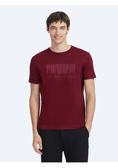 Kip Bordo Baskılı Bisiklet Yaka %100 Pamuk T-shirt Bordo