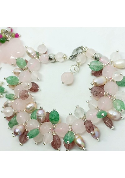2739 Pembe Ve Yeşil Kuvars Doğal İnci Çelik Aparatlı El Yapımı Bileklik Açık Pembe