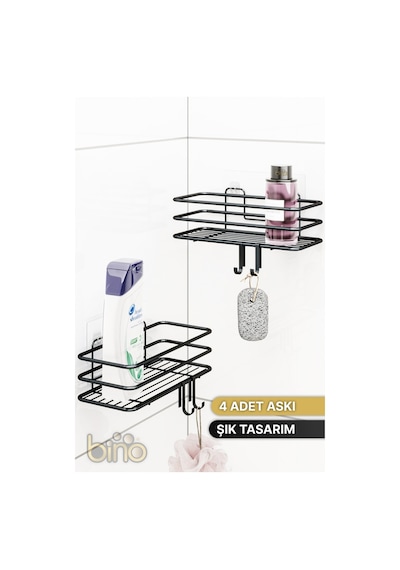 Bino 2li Set Banyo Düzenleyici Şampuanlık Mat Siyah Yapışkanlı 4 Askılı Duş Rafı Paslanmaz Organizer Siyah