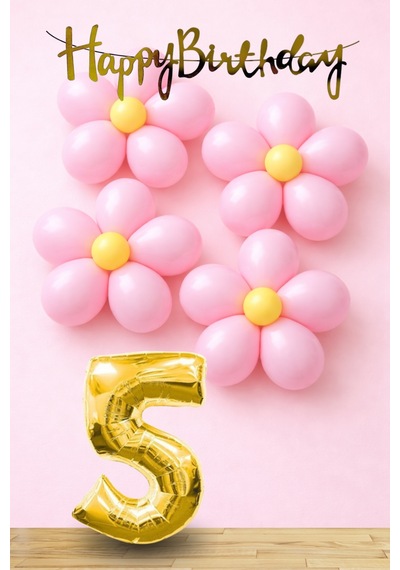 5 Yaş Pembe Sarı Papatya Temalı Gold Rakam Gold Happy Birthday Banner Doğum Günü Süsleme Altın - Pembe