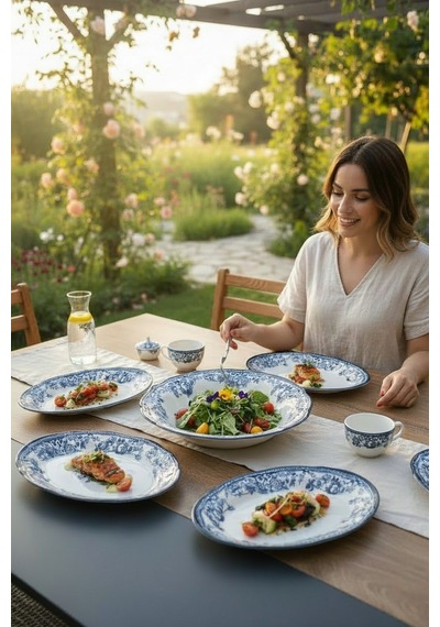 Akayev Porselen Vintage Blue 5 Parça Salata Kayık Servis Takımı Servis Takımı Blue