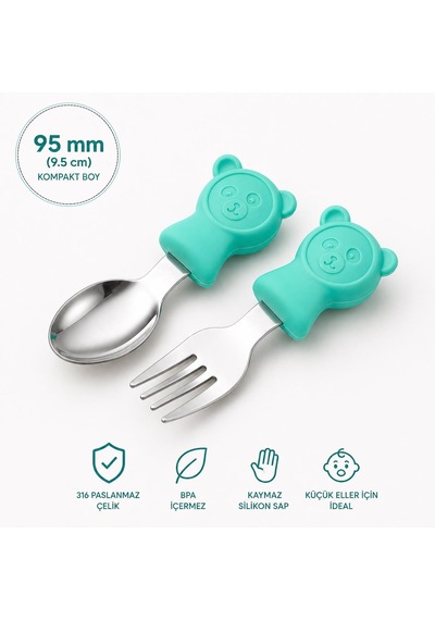 Valkyrie 304 Çelik Panda Bebek Kaşık Çatal Setisilikon Saplı Bpa İçermez Ergonomik Kaymaz Yeşil