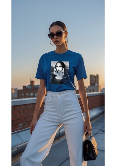 Uyguntarz Mona Lisa Baskılı Tasarım Tshirt Mavi
