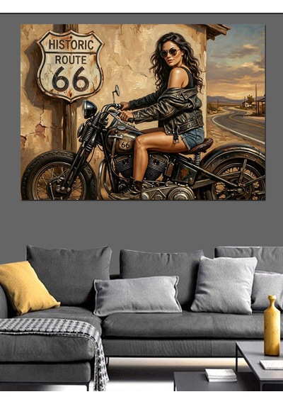 Route 66 Yolunda Motosikletli Kadın Dekoratif Kanvas - Mdf Ahşap Tablo