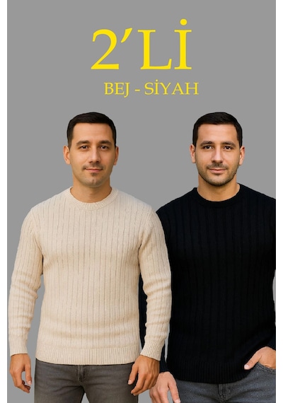 Novalisse Erkek Fitilli Triko Kazak 2 Li Set Bej Beyaz Kalın Dokuma Pamuklu Regular Fit Bisiklet Çoklu Renk