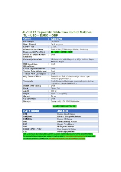 Bill Counter Al-130 F4 Sahtepara Kontrol Makinesi Tl. Usd. Euro