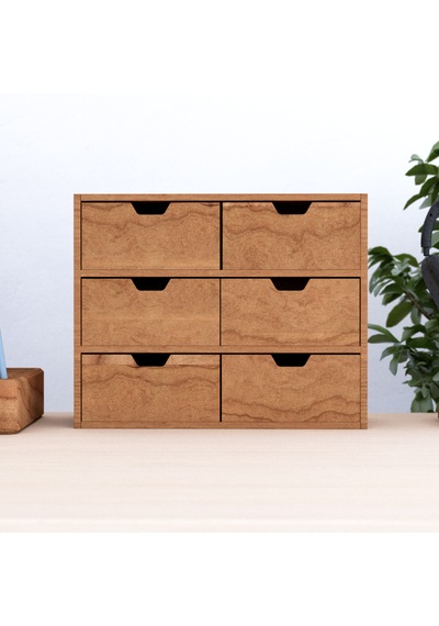 Desna Üç Katlı Altı Çekmeceli Dolap - Kiraz 34 Cm Uzunluk X 12.1 Cm Derinlik X 27.2 Cm Woodsaka Doğal Ahşap