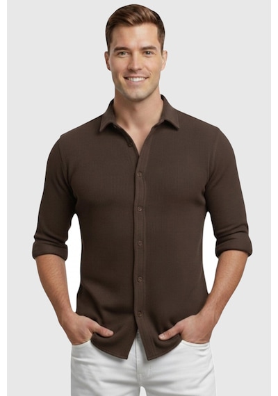 Deep Sea Deepsea Kahve Slim Fit Örme Kumaş Likralı Erkek Gömlek Nefes Alan Esnek Ve Modern Tasarım 2602604