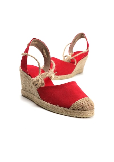 Gerçek Elişi Topuğu Açık Bilekten Bağlamalı Bej Dolgu Topuk Keten Hasır Espadril Handmade Kırmızı