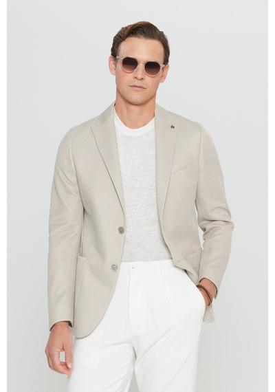 AC&Co / Altınyıldız Classics  Erkek Bej 360 Her Yöne Esneyen Pamuklu Slim Fit Kırlangıç Yaka Armürlü Blazer Ceket Bej