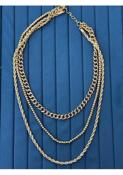 Premium Gold Renk Parlak Ve Şık 3'lü Katmanlı Zincir Kombin 316l Çelik Kadın Kolye 45cm Altin