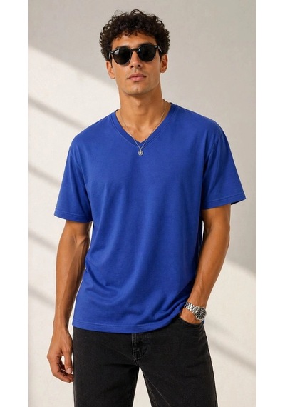 Erkek V Yaka Basic Tişört Kısa Kol Yazlık Regular Fit T-shirt - Saks Mavisi Çok Renkli