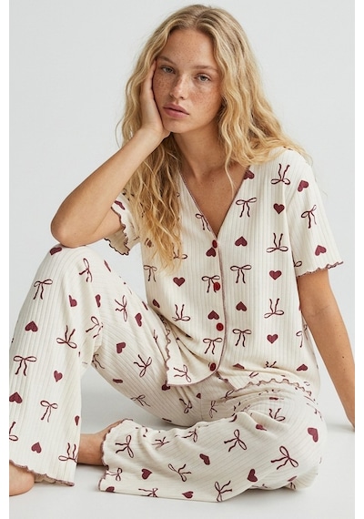 Siyah İnci Yumuşak Tuşe Yazlık Fitilli Pamuklu Örme Pijama Takım 7994 Bordo Fiyonk