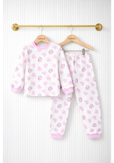 Kalp Desenli Kız Çocuk Pijama Takımı KREM