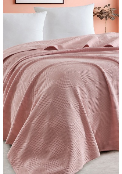 Battal Boy %100 Pamuk Pike Örtü 230x240cm Karo Desenli Pudra Weave Serisi Pudra