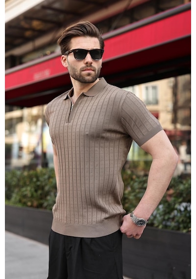 Açık Kahverengi Polo Yaka Slim Fit Triko Erkek Tişört E7465 Açık Kahverengi