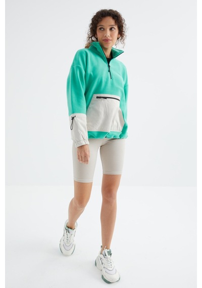 Tommy Life Deniz Yeşili Etek Ucu Büzgülü Yarım Fermuarlı Oversize Kadın Polar Sweatshirt - 97238 Yeşil