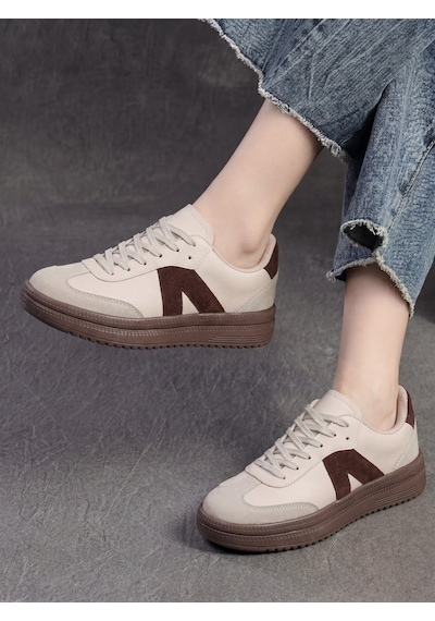 Kadın Sneaker Yüksek Taban Ortopedik Bağcıklı Spor Ayakkabı Retro Bej-011