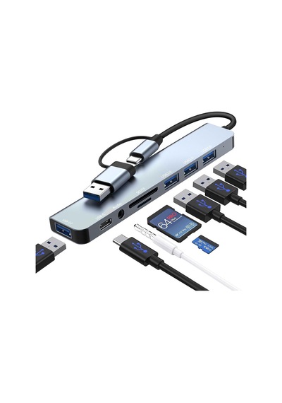 Type C Usb Hub, 8'i 1 Arada Usb 3.0 ,2.0, Type C Veri, 3.5 Ses, Sd/tf Kart Okuyucu