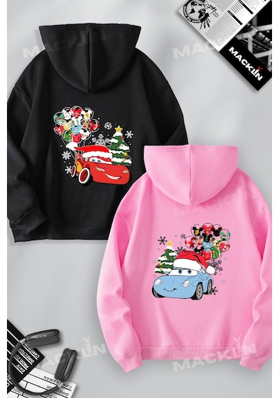Macklin Sevgili Çift Kombin Mcqueen Ve Sally Baskılı Yılbaşı Özel Tasarım Kapüşonlu Sweatshirt 2li Set Takım Siyah Pembe Mck1552 Çok Renkli
