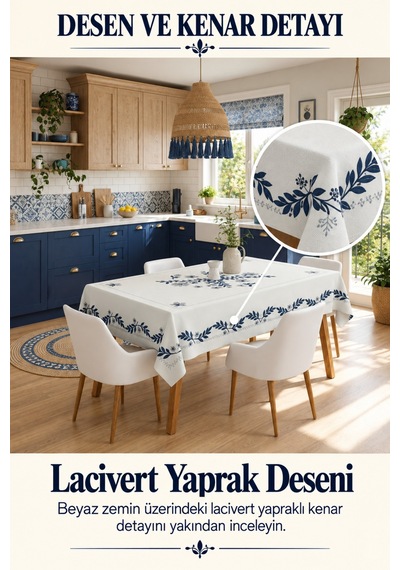 Vivanni Home Yıkanabilir Dikdörtgen Masa Örtüsü Günlük Kullanıma Uygun Pratik Ve Uzun Ömürlü Mavi Yapraklı