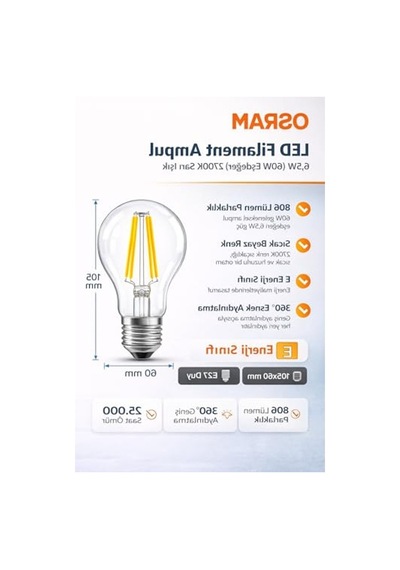 Led Filament Ampul, 6.5w Sarı Işık, 806 Lümen, E27 Duy İle Enerji Tasarrufu