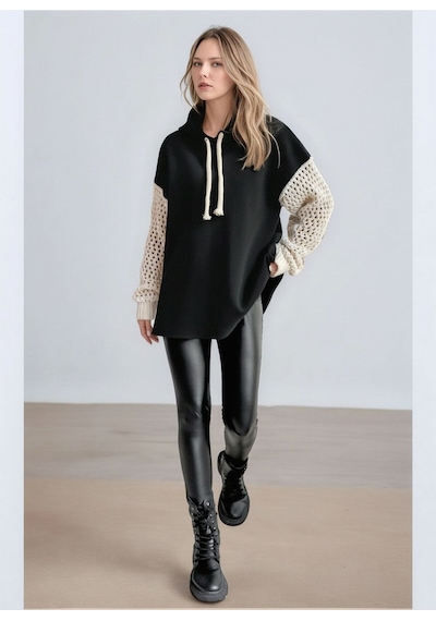 Mamayaga Kadın Kolları Örgü Triko Şık Tasarım Oversize Tunik Boy Zümrüt Yeşili Sweatshirt Kazak Siyah