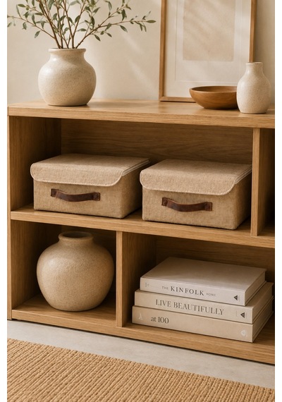 2'li Kapaklı Jüt Düzenleyici M Boy 30x23x13 Cm Dolap İçi Raf Tekstil Banyo Organizer Saklama Kutusu Kahverengi