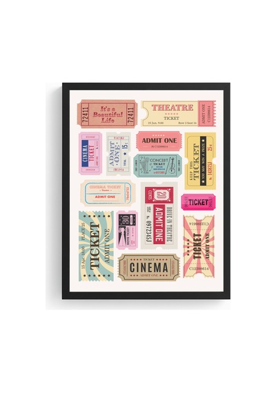 Doğal Ahşap Çerçeveli Retro Sinema Biletleri Tablo - Vintage Film Mekanı Dekorasyon Huhu2804