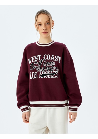 Koton Üç İplik Şardonlu Uzun Kollu Bisiklet Yaka Kolej Baskılı V Yaka Sweatshirt Bordo 5wal10836ık Bordo