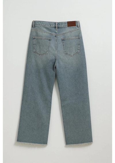 Kadın Yüksek Bel Wide Leg Dizi Yırtık Buz Mavi Jean Pantolon Mavi
