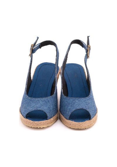 Gerçek Elişi Burnu Açık Arkası Bantlı Dolgu Topuk Mavi Keten Hasır Espadril Handmade Saks Mavi