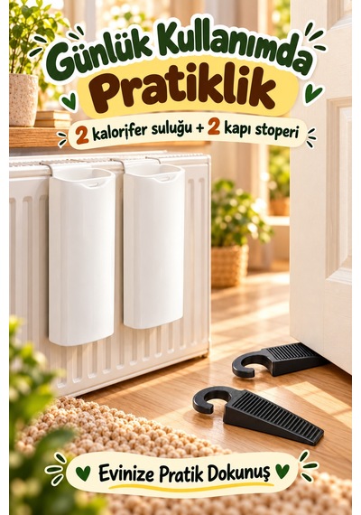 2'li Kalorifer Suluğu Ve 2 Kapı Stoperi Set Askılı Petek Suluğu Kapı Altı Tutucu Ev İçi Yardımcı Set