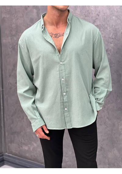 Modefendi Krinkıl Kumaş Oversize Kesim Keten Gömlek Yeşil