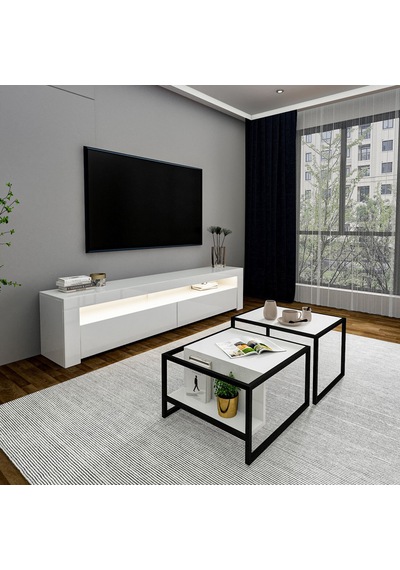 Batı Led Işıklı Tv Sehpası Ve Modern İkili Orta Sehpa Set Beyaz