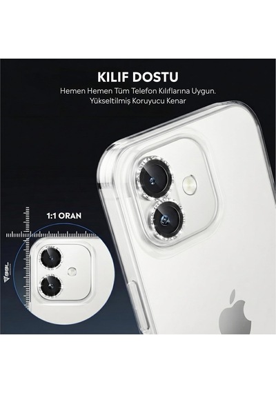 İphone 16/16 Plus İle Uyumlu Elmas Kaplı Taşlı Kamera Lens Koruyucu Alüminyum Alaşım Çerçeveli Telefon Lensi Temperli Cam Koruma Beyaz