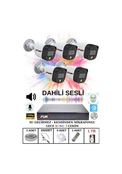 Fury 5 Li Sesli Gece Renkli Görüş Güvenlik Kamerası Su Geçirmez Güvenlik Kamerası Seti 1tb