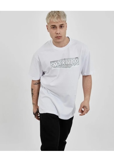 Modi Unisex Bisiklet Yaka Baskılı Oversize T-shirt - Beyaz - Mymg180626
