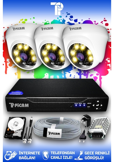 Picam 3 Kameralı Dome 3 İç Kamera Set 2 TB HDD Full HD Renkli Gece Görüşlü Güvenlik Kamerası Sistemi