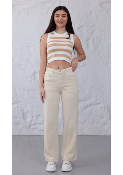 Eseclass Palazzo Denim Jean Krem Pantolon Bej